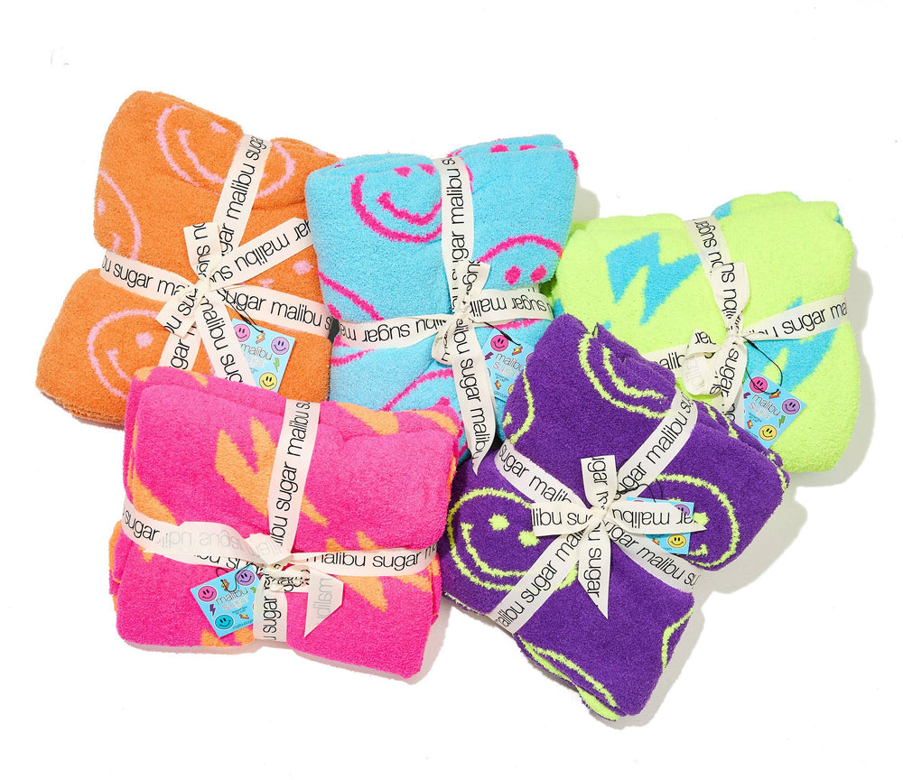Smiley Face & Lightning Plush Throw Blankets Christmas Smiley Face Neon Fuchsia & New Sky Blue