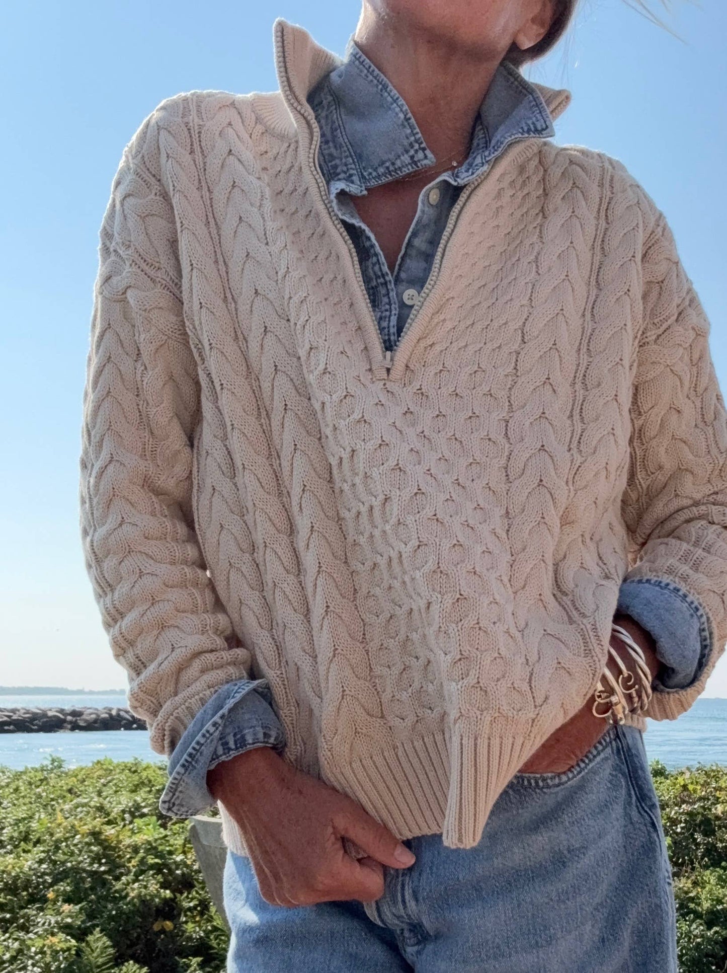 1/2 Zip Cable Sweater Tan