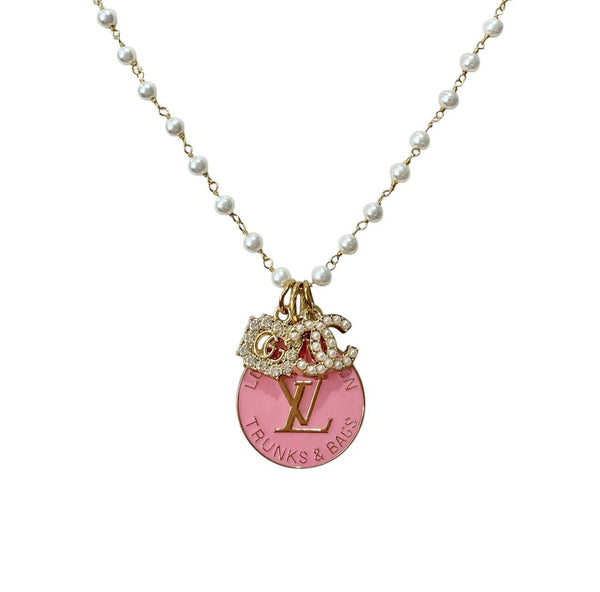 Repurposed Vintage Pearl Louis Vuitton Rhinestone Necklace