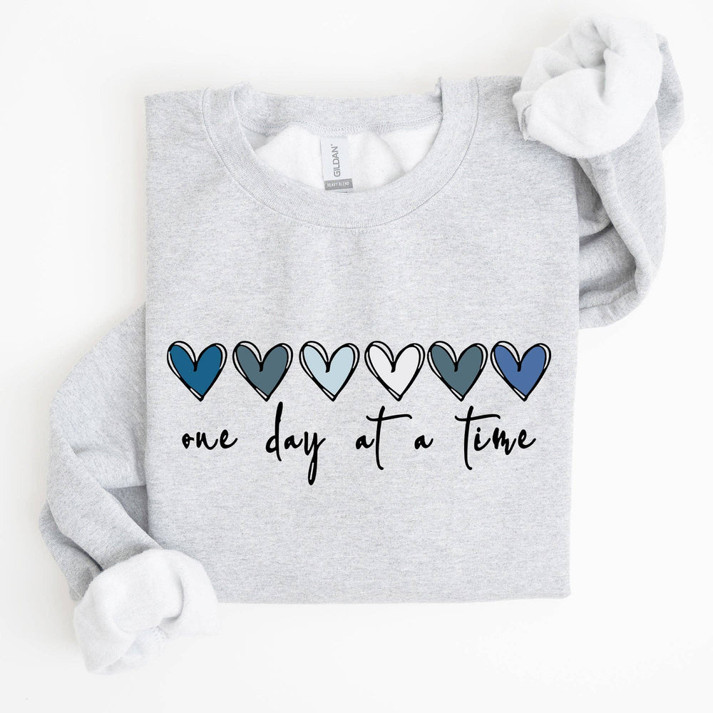 One Day At A Time, Mental Health,Wellness, Hearts Sweatshirt: White / Large