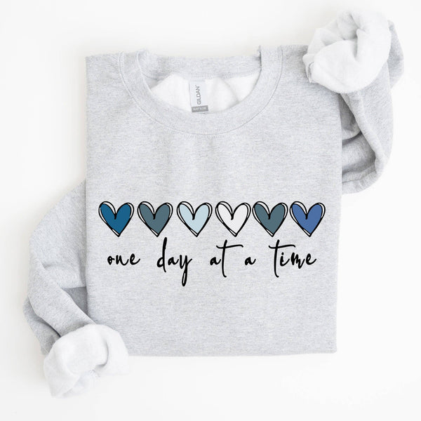 One Day At A Time, Mental Health,Wellness, Hearts Sweatshirt: White / Small