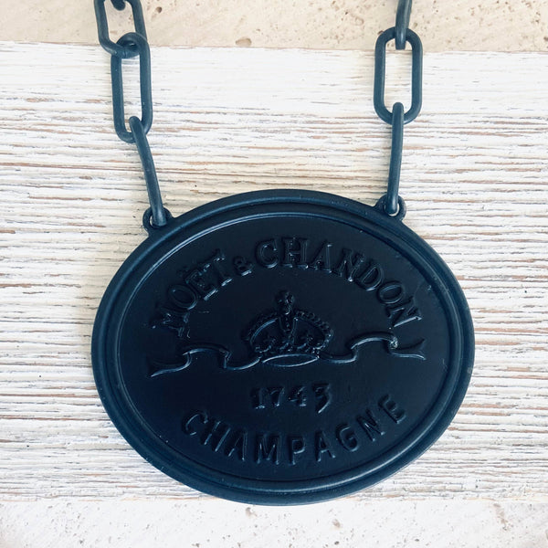 French coin, champagne label statement necklace: Burnished silver