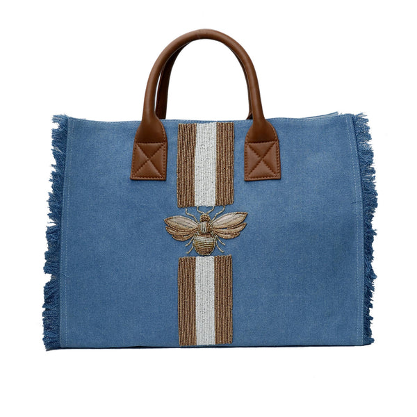 Denim Beaded Bee Tote