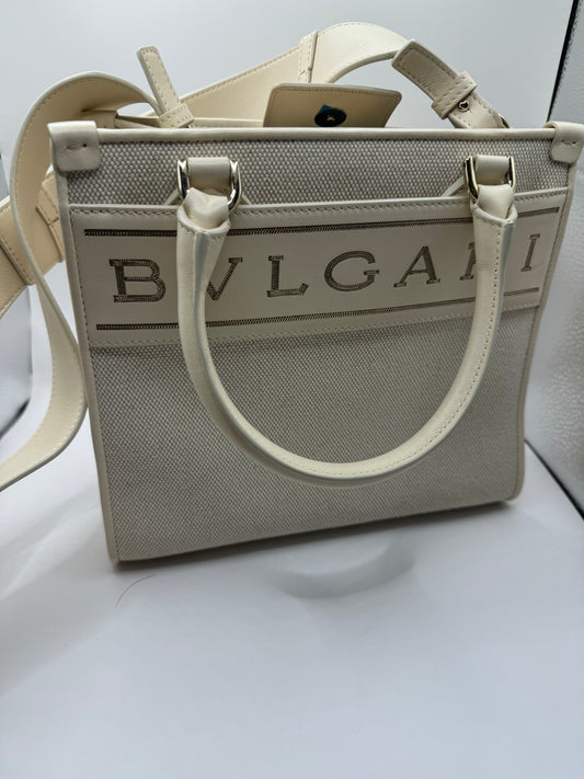 Bvlgari Cream Canvas Crystal metallic logo small Tote