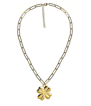 Gold Shamrock Charm Necklace with Paper Clip Chain - 18k Gold Plated - WS