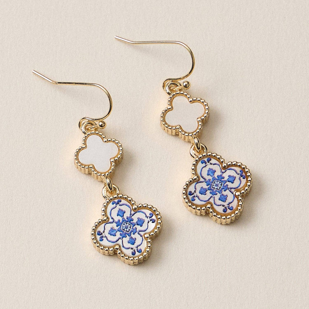 Blue Enamel Clover Drop Earrings