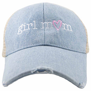 Girl Mom (Pink Heart) Denim Trucker Hat: Denim Blue
