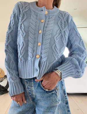 The Celine Crop Cable Cardigan Santorini Blue