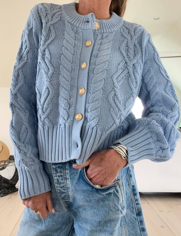 The Celine Crop Cable Cardigan Santorini Blue