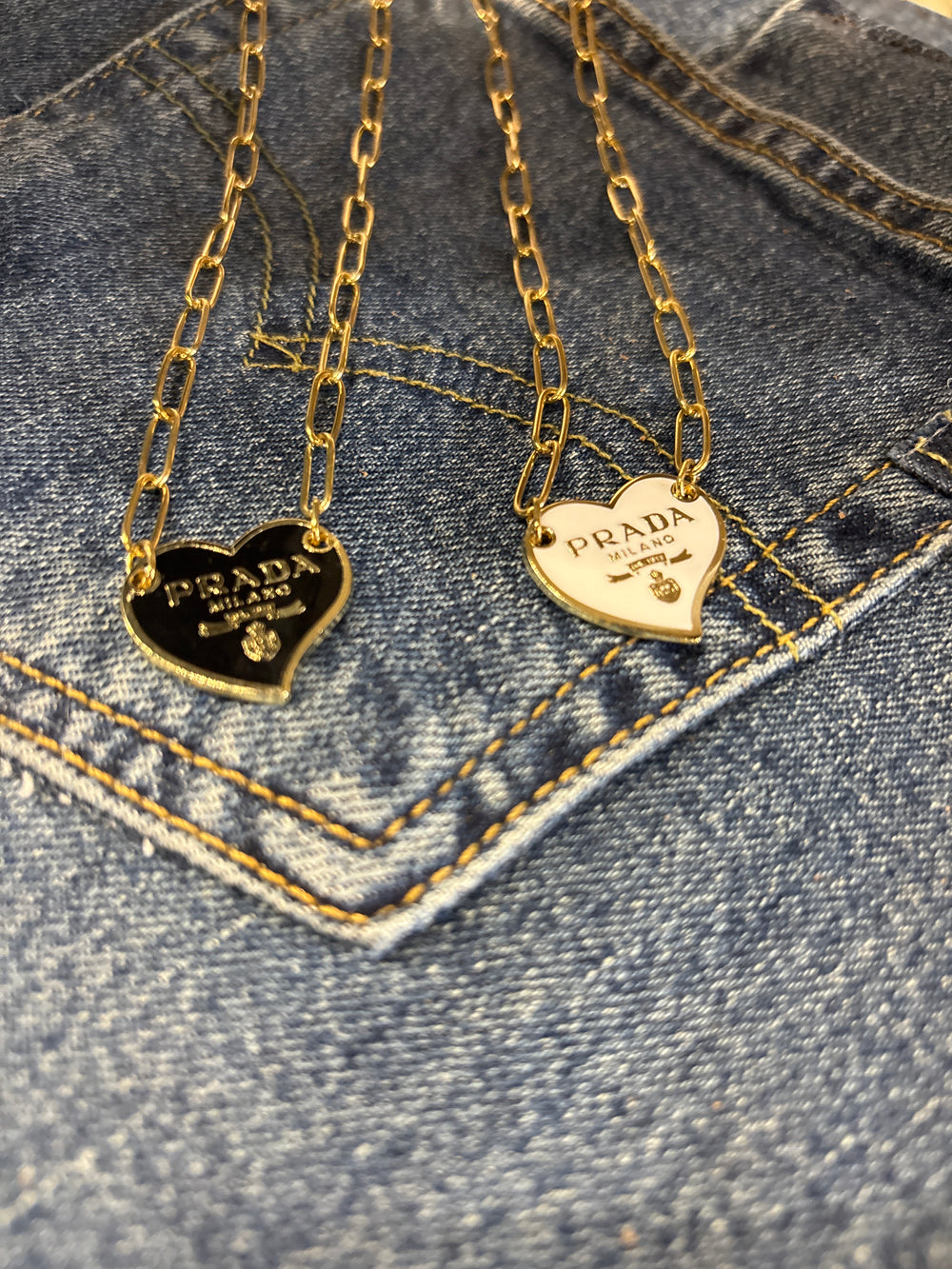 Upcycled Prada charm heart necklace