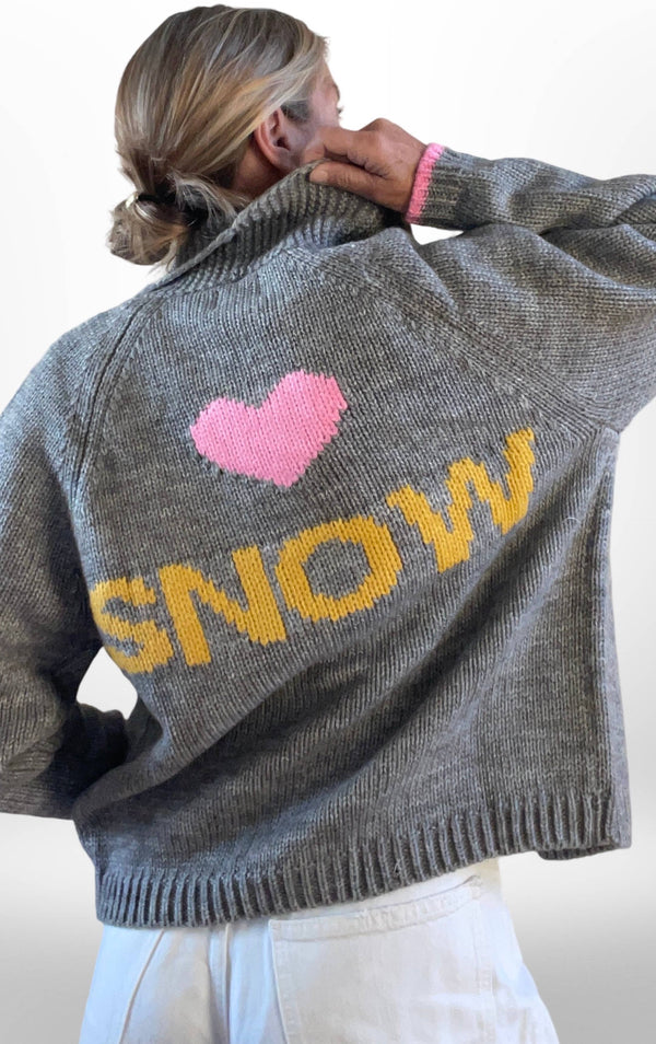 Heart Snow Varsity Cardigan in Gray/Yellow/Pink: M/L