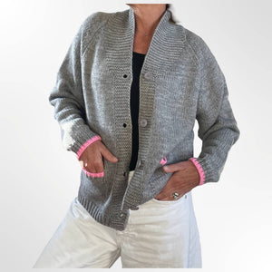 Heart Snow Varsity Cardigan in Gray/Yellow/Pink: M/L