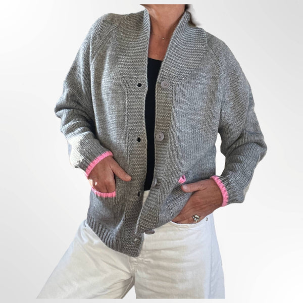 Heart Snow Varsity Cardigan in Gray/Yellow/Pink: M/L