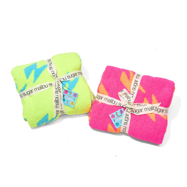 Smiley Face & Lightning Plush Throw Blankets Christmas Smiley Face Neon Fuchsia & New Sky Blue