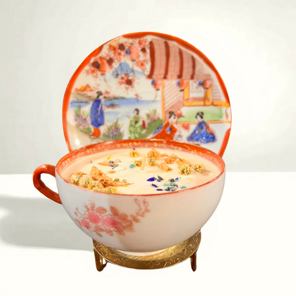 Lemongrass Violet Scented Teacup Candle | Vintage, Elegant, Unique Gift for Her: Japanese Kutani Geisha Teacup & Saucer - Large