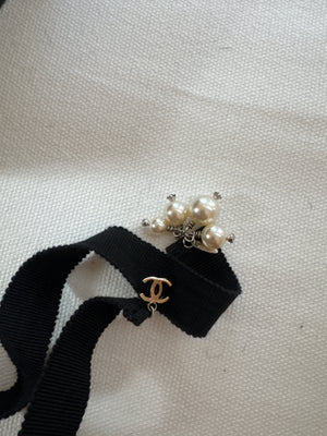 Chanel Camila black crystal pearl flower neck tie/bracelet