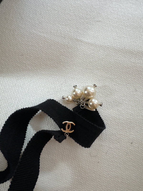 Chanel Camila black crystal pearl flower neck tie/bracelet