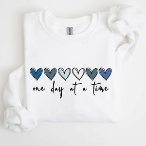 One Day At A Time, Mental Health,Wellness, Hearts Sweatshirt: White / Small
