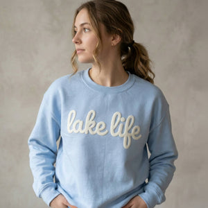 Puff Print Lake Life Sweatshirt Crewneck Cottage Camping : Light Blue / Large