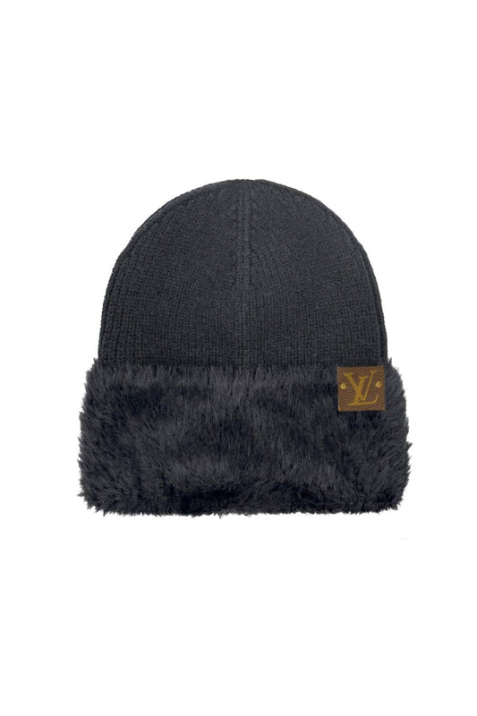 Upcycled Faux Fur Cuff Beanie: Black with Authentic Louis Vuitton Patch