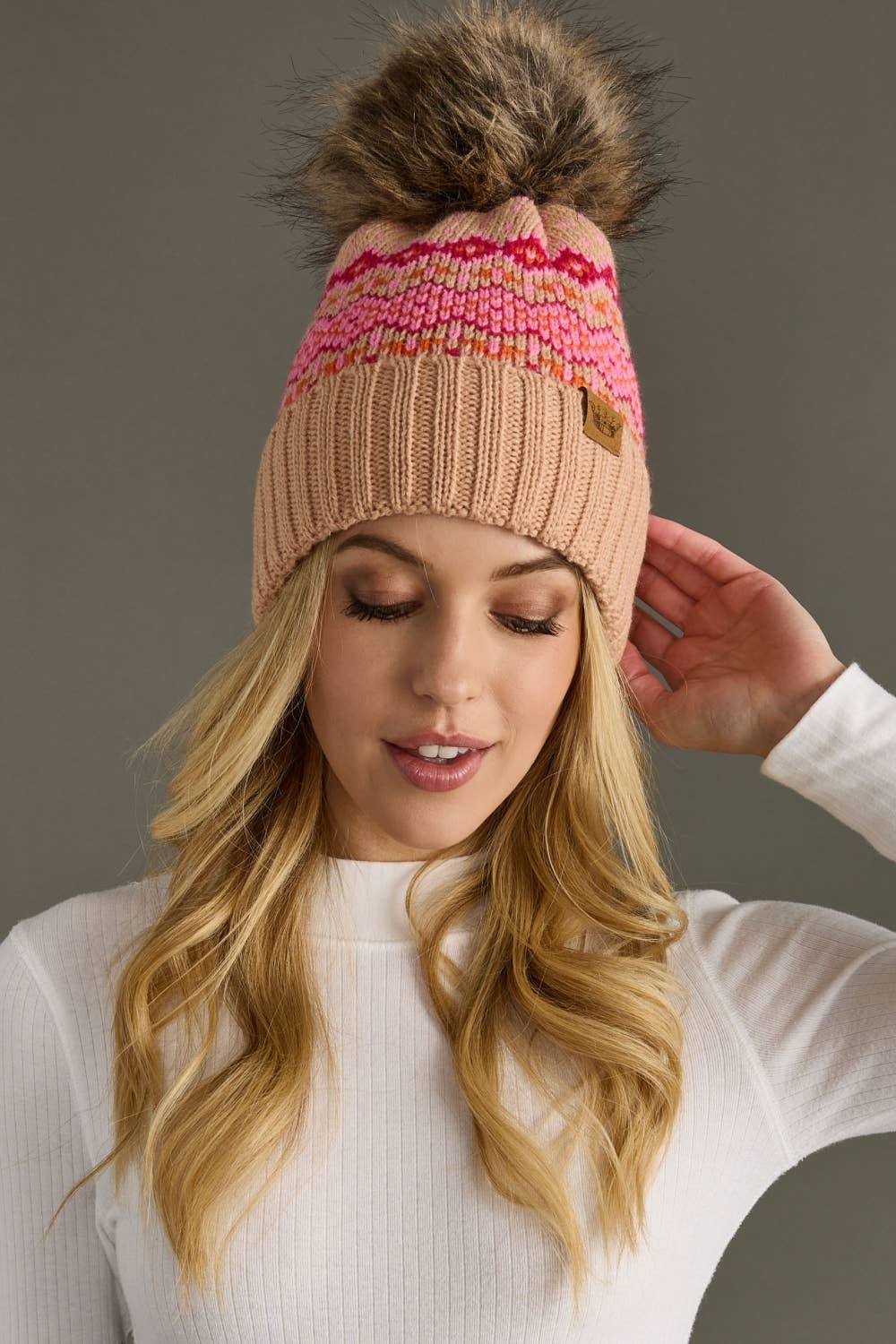 Blush, Pink & Orange Patterned Pom Hat