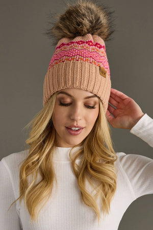 Blush, Pink & Orange Patterned Pom Hat
