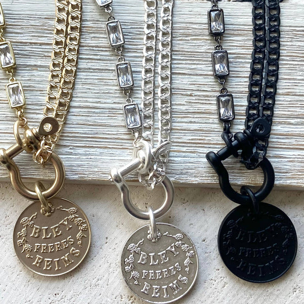 Edgy glam French champagne coin shackle necklace : Matte black