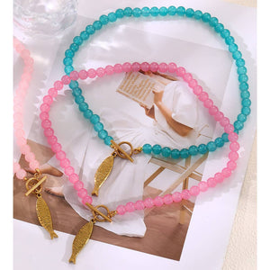 Koi Fish Statement Necklace | Coastal Summer Jewelry: Pink ,Turquoise or Hot Pink Bead