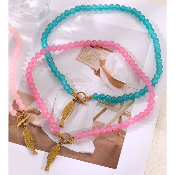 Koi Fish Statement Necklace | Coastal Summer Jewelry: Pink ,Turquoise or Hot Pink Bead