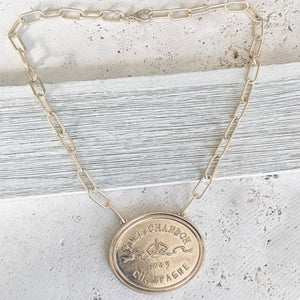 French coin, champagne label statement necklace: Burnished silver