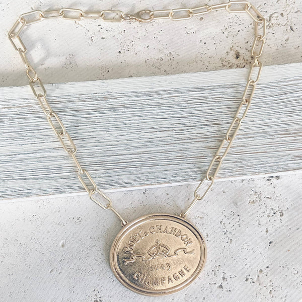 French coin, champagne label statement necklace: Burnished silver