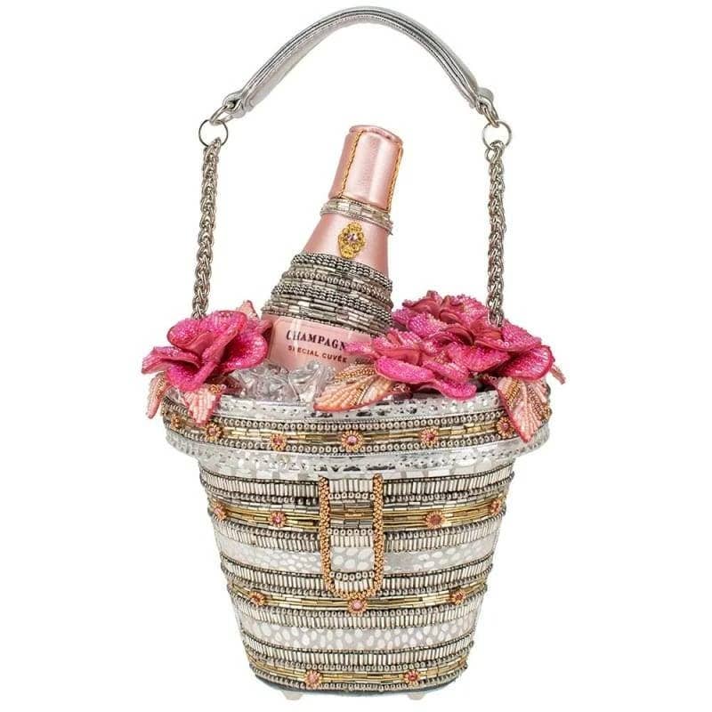 Champagne on Ice Beaded Bottle and Bucket Top-Handle Bag