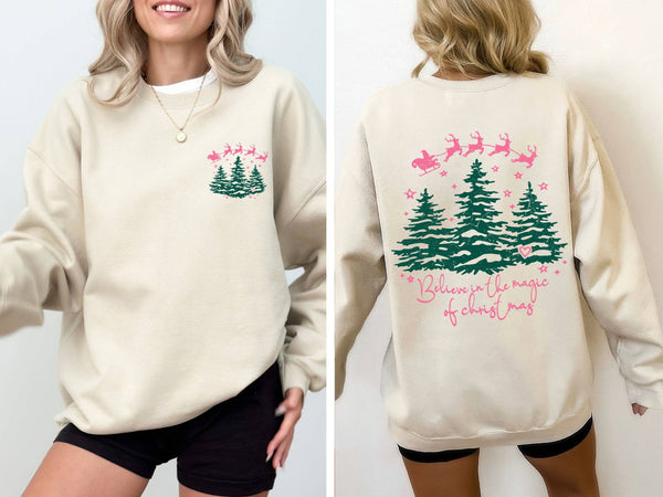 Believe In The Magic Of Christmas Santa Tree Snow Sweatshirt: Light Pink / Small