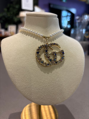 Gucci up cycled GG  gem pendant on pearl necklace