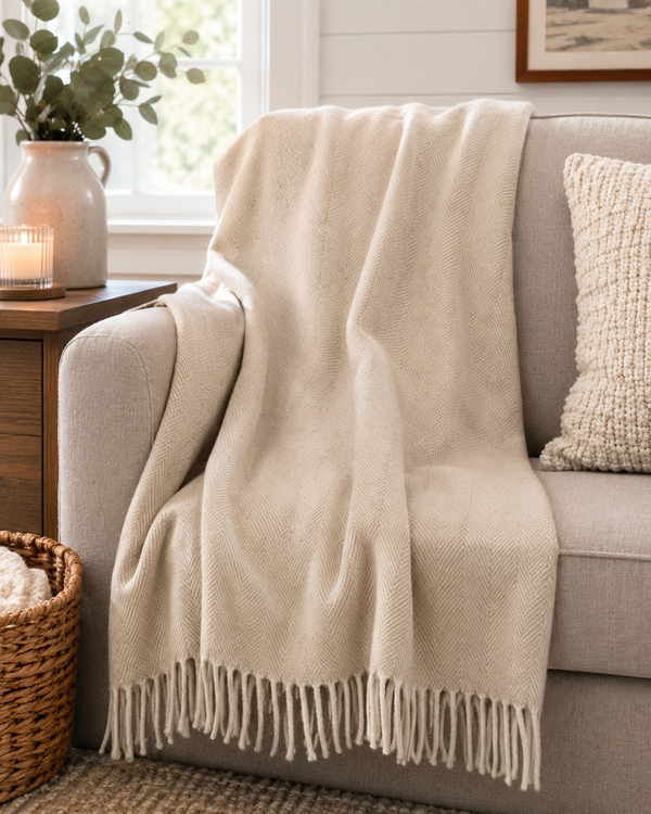 Wool Herringbone Blanket- Oat