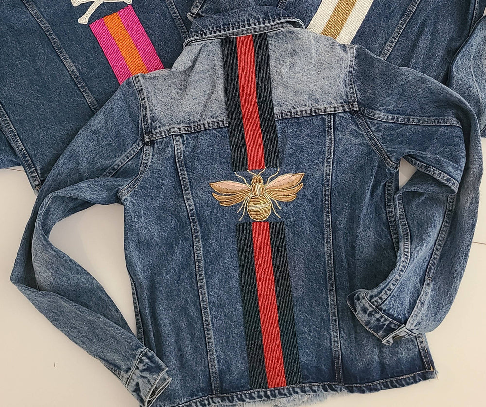 Cropped Denim Bee Jacket, Beaded