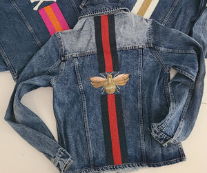Cropped Denim Bee Jacket, Beaded
