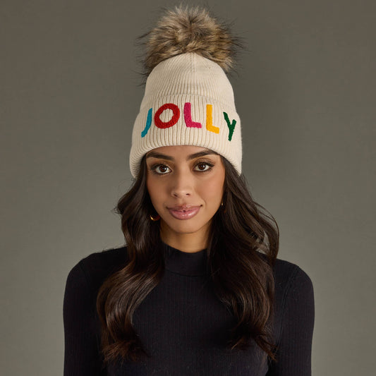 Beige Jolly Knit Pom Hat
