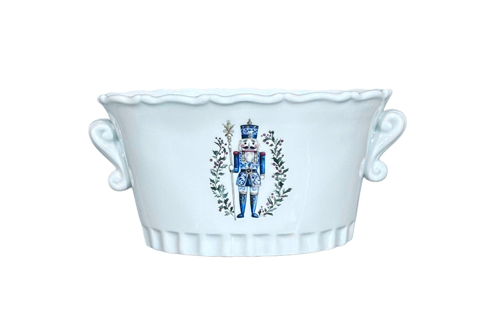 Christmas Holiday Oval Cachepot w/ Nutcracker and Holly