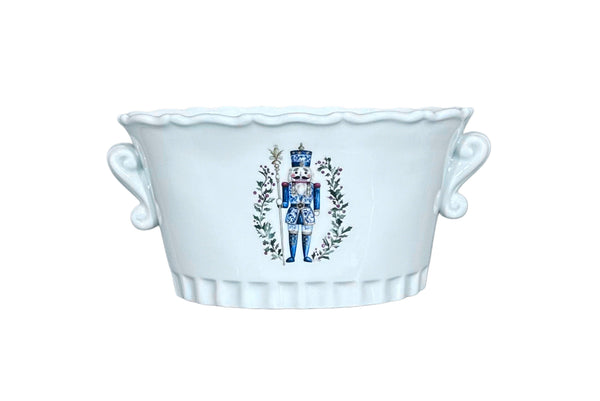 Christmas Holiday Oval Cachepot w/ Nutcracker and Holly