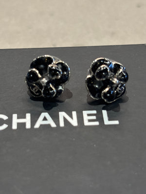 Chanel black enamel cc Camelia earrings