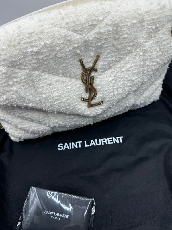 YSL Boucle Tweed Quilted Loulou Puffer Monogram Chain Satchel Crema Soft 2020