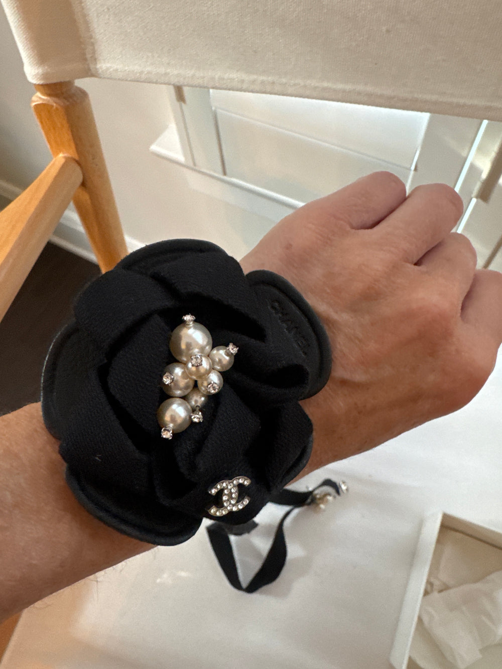 Chanel Camila black crystal pearl flower neck tie/bracelet