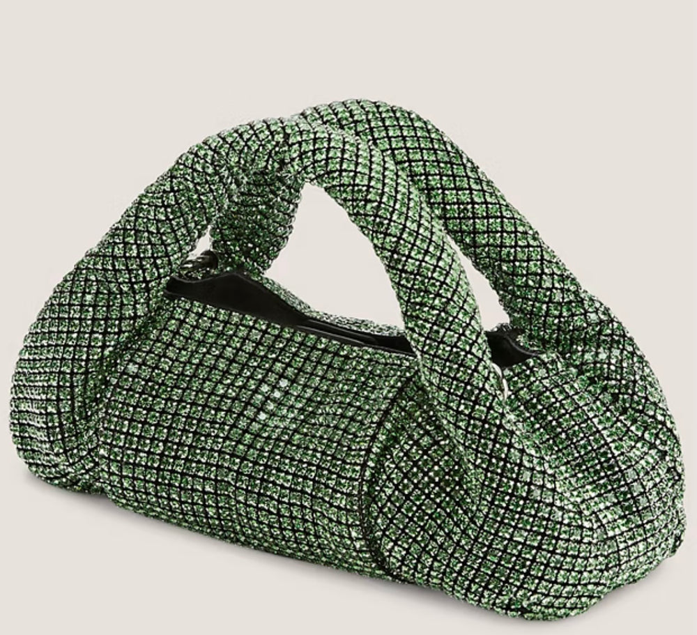 Stuart Weitzman, Crystal Moda shine bag in light green.