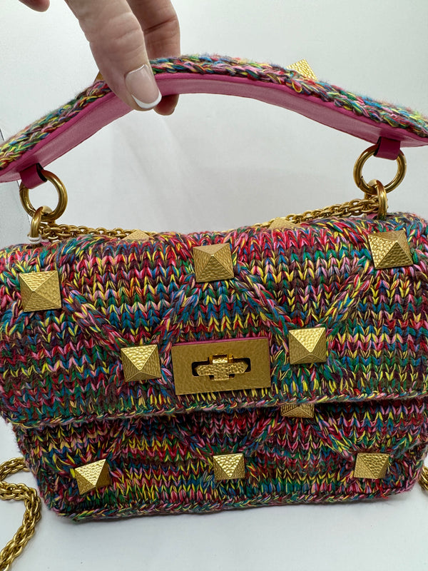 Valentino Wool Knit Multicolour Romanstud chain bag GHW