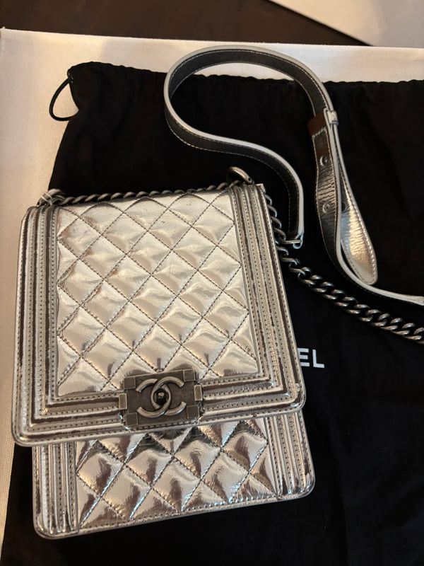 Chanel Boy Bag North-South Flap – Silver Metallic Quilted Leather with Ruthenium Hardware