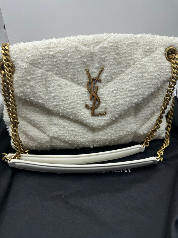 YSL Boucle Tweed Quilted Loulou Puffer Monogram Chain Satchel Crema Soft 2020