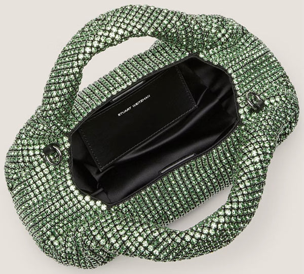 Stuart Weitzman, Crystal Moda shine bag in light green.