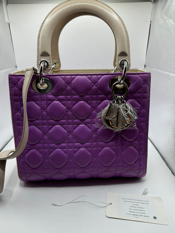 Dior Lady Dior Tri-colour Genuine Python side purple/pink/cream with SHW