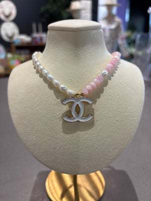 Chanel up cycled pearl and pink bead candy necklace with white CC